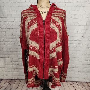 Free People Red Cream "Show Me the Way" Fringe Cardigan Zip Up Sweater Size L